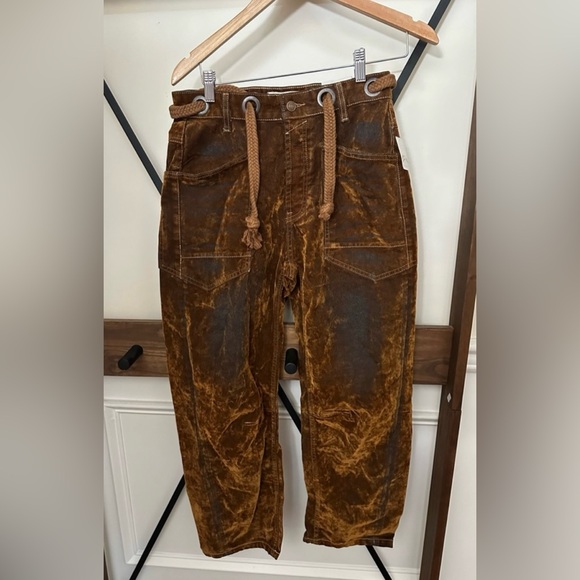 NWT size 28 Free People We The Free Moxie Flocked Pull-On Barrel Jeans Burnt Rus - Picture 5 of 10